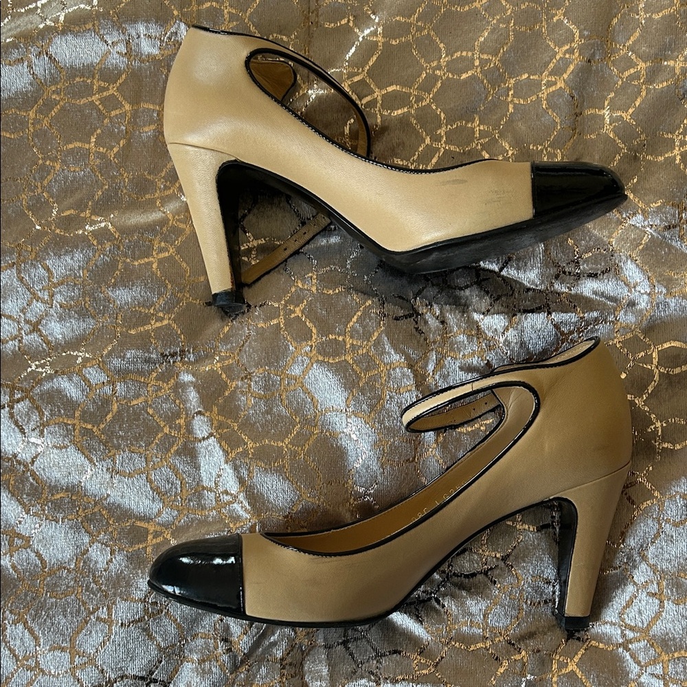 CHANEL Beige and Black Cap-Toe Mary Jane Heels - Picture 2 of 9